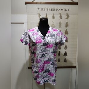 Cassandra O Women’s Scrub Top | Cat Print | Pink Gray Black | Size Small